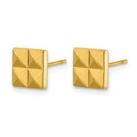 A pair of gold-colored square stud earrings with pyramidal geometric facets on the face and post-and-clutch closures.