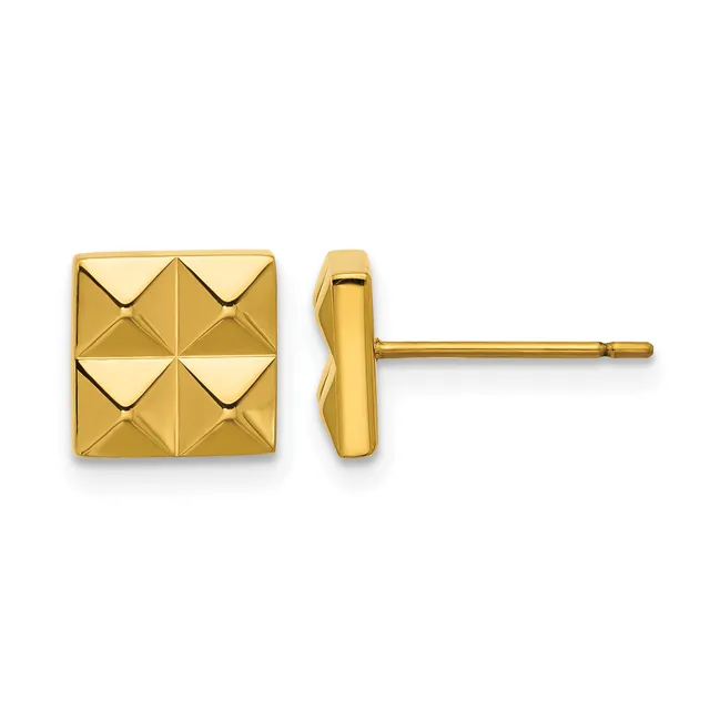 A pair of gold stud earrings with square faces featuring a geometric pyramid pattern, shown from front and side views.