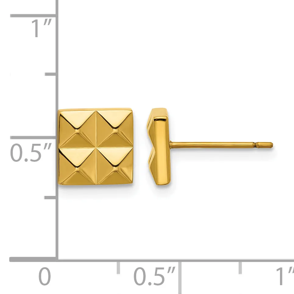 Gold-toned square stud earrings with a quilted pyramid pattern, shown next to a ruler indicating approximately half an inch in size.