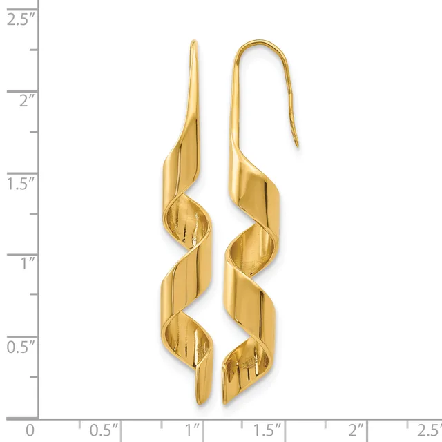 Two long gold twisted spiral earrings with hook closures displayed against a ruler showing they measure approximately two inches in length.
