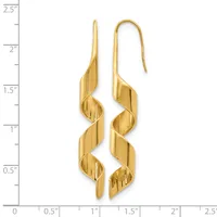 Two long gold twisted spiral earrings with hook closures displayed against a ruler showing they measure approximately two inches in length.