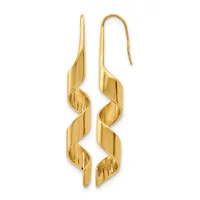 Pair of gold twisted spiral drop earrings with hook closures, displayed against a white background.