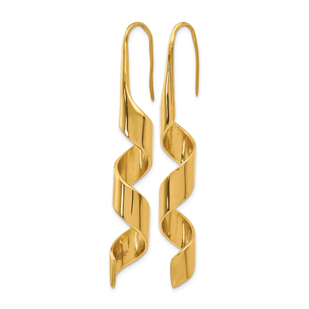 Pair of gold twisted spiral dangle earrings with curved hook closures, shown against a white background.