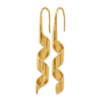 Pair of gold twisted spiral dangle earrings with curved hook closures, shown against a white background.