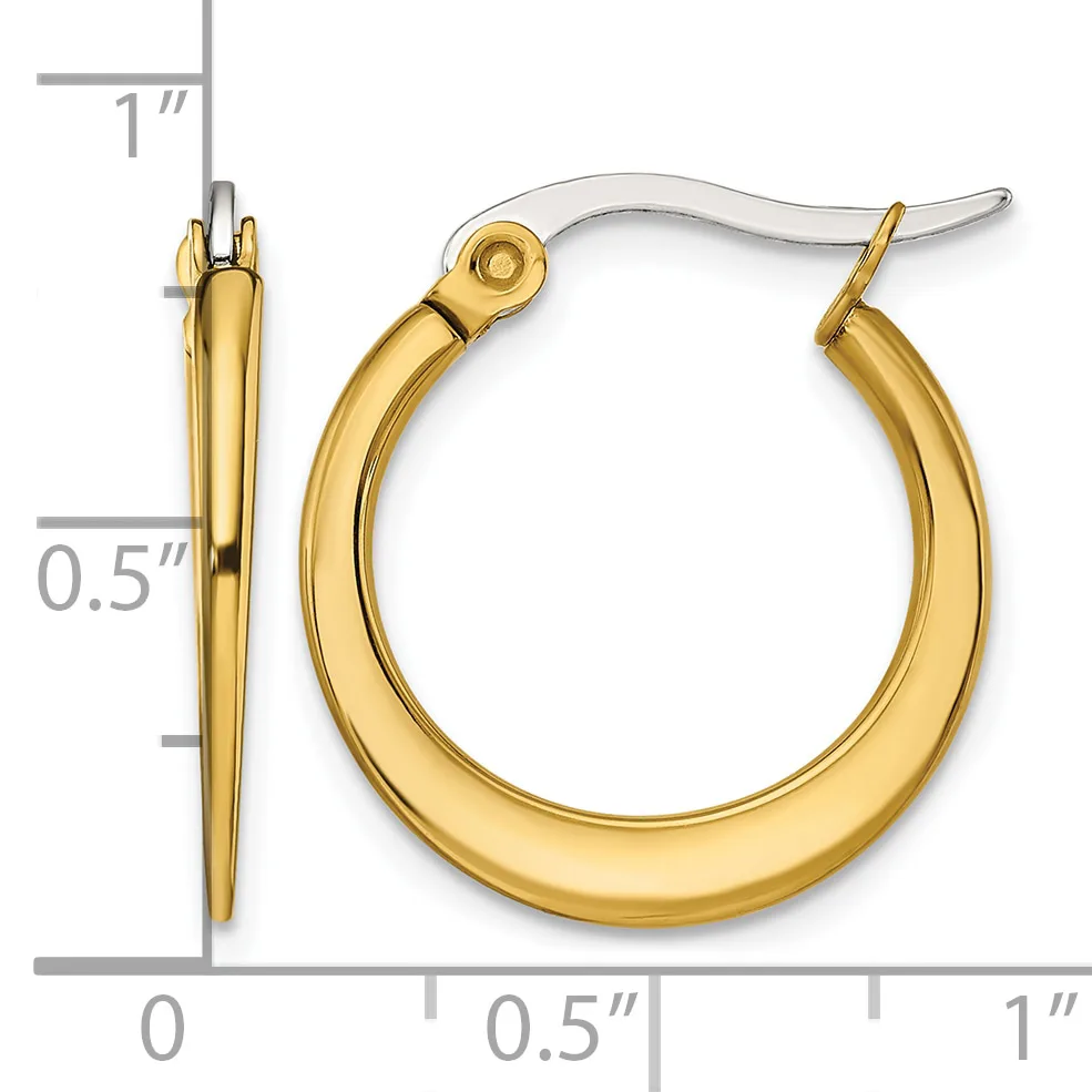 A pair of polished gold-toned hoop earrings with a curved, tubular design, shown with measurement scale indicating approximately one inch in diameter.