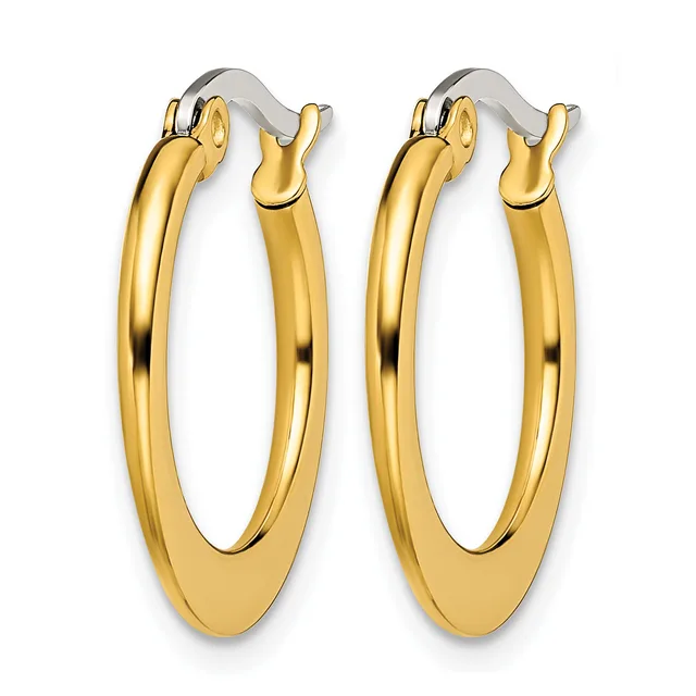 A pair of polished gold-toned oval hoop earrings with hinged closures, displayed side by side against a white background.