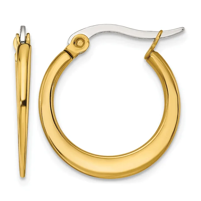 A pair of polished gold hoop earrings with silver-toned posts and backs, shown from the front and side views.