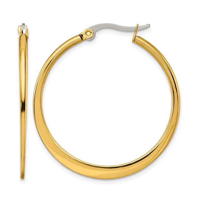 Pair of polished gold-tone hoop earrings with hook closures, shown from front and side angles.