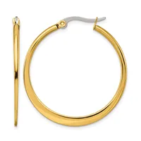 Pair of polished gold-tone hoop earrings with hook closures, shown from front and side angles.