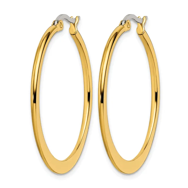 A pair of polished gold-toned oval hoop earrings with hinged closures, shown against a white background.