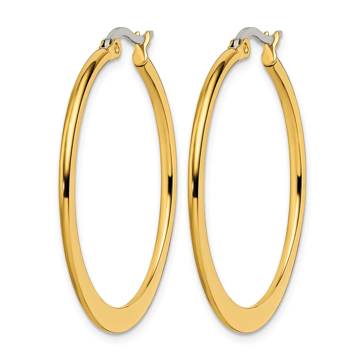 A pair of polished gold-toned oval hoop earrings with hinged closures, shown against a white background.