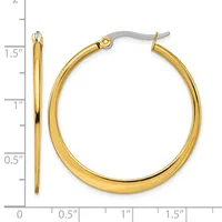 A pair of gold hoop earrings with a polished finish and post-and-clutch closures, displayed against a measurement scale showing them to be approximately 1.5 inches in diameter.