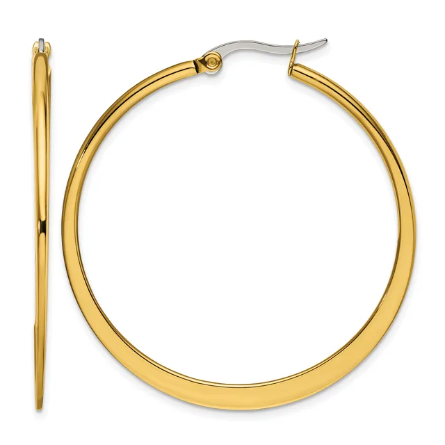 A pair of polished gold-toned hoop earrings with hinged posts shown from the front and side views.
