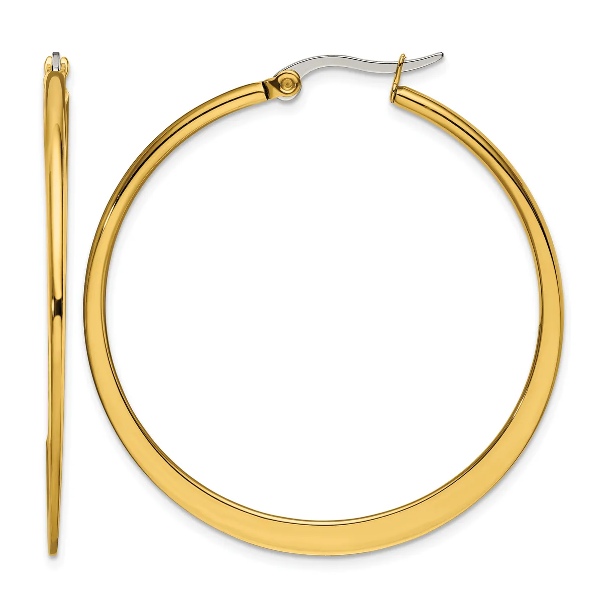 A pair of polished gold-toned hoop earrings with hinged posts shown from the front and side views.