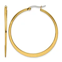 A pair of polished gold-toned hoop earrings with hinged posts shown from the front and side views.