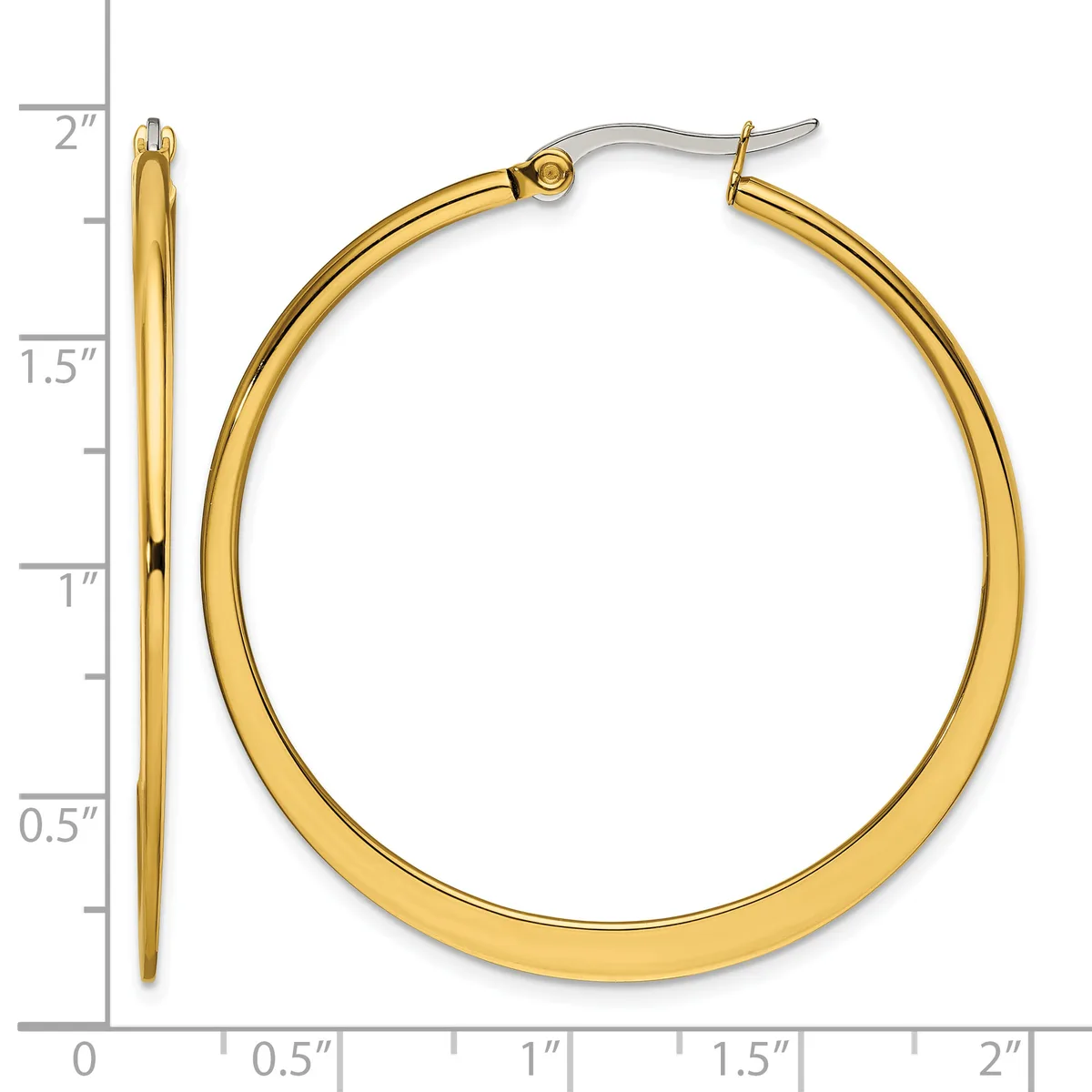 A pair of polished gold-tone hoop earrings with surgical steel posts, approximately two inches in diameter, displayed against a measurement ruler.