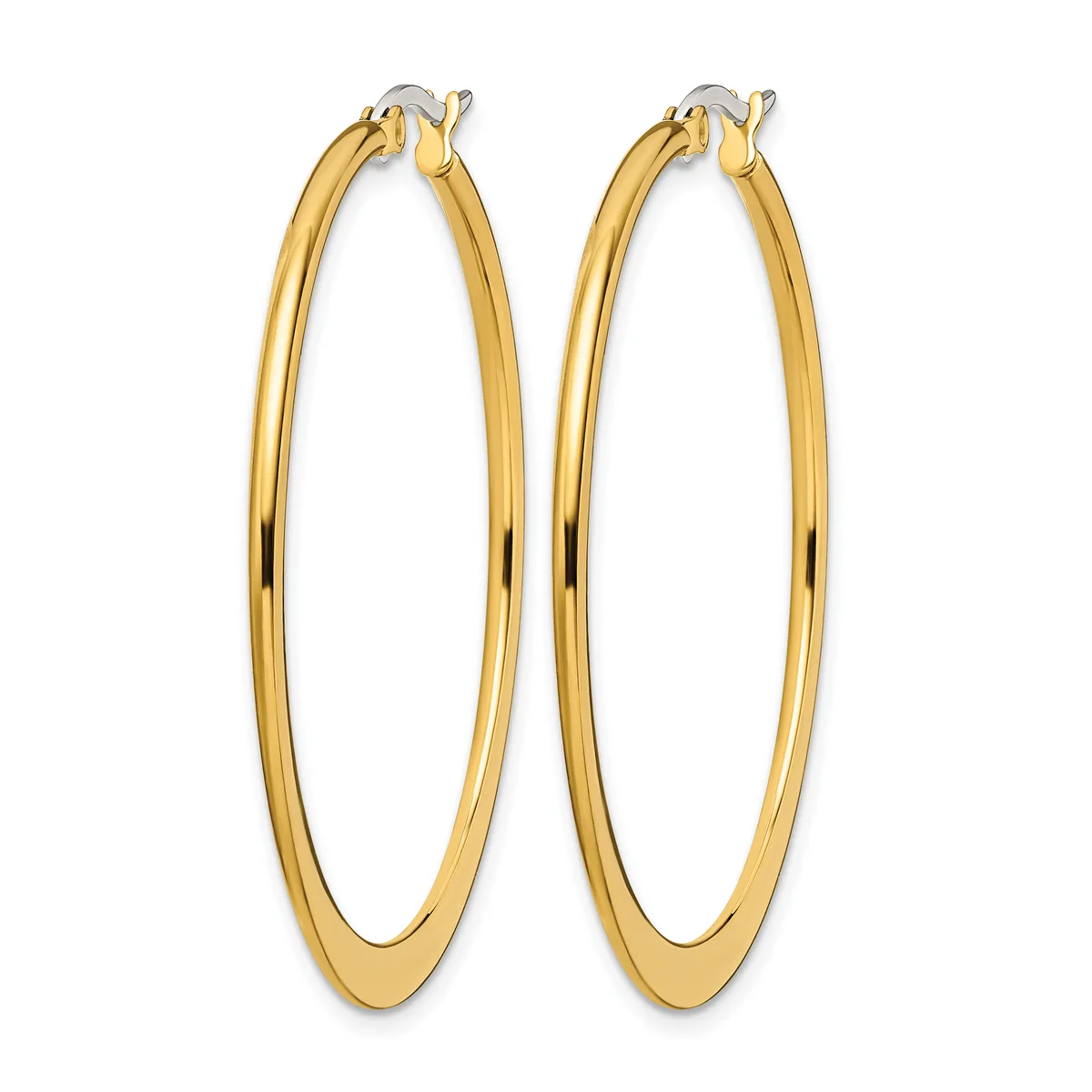 A pair of polished gold-toned oval hoop earrings with hinged closures, displayed against a white background.
