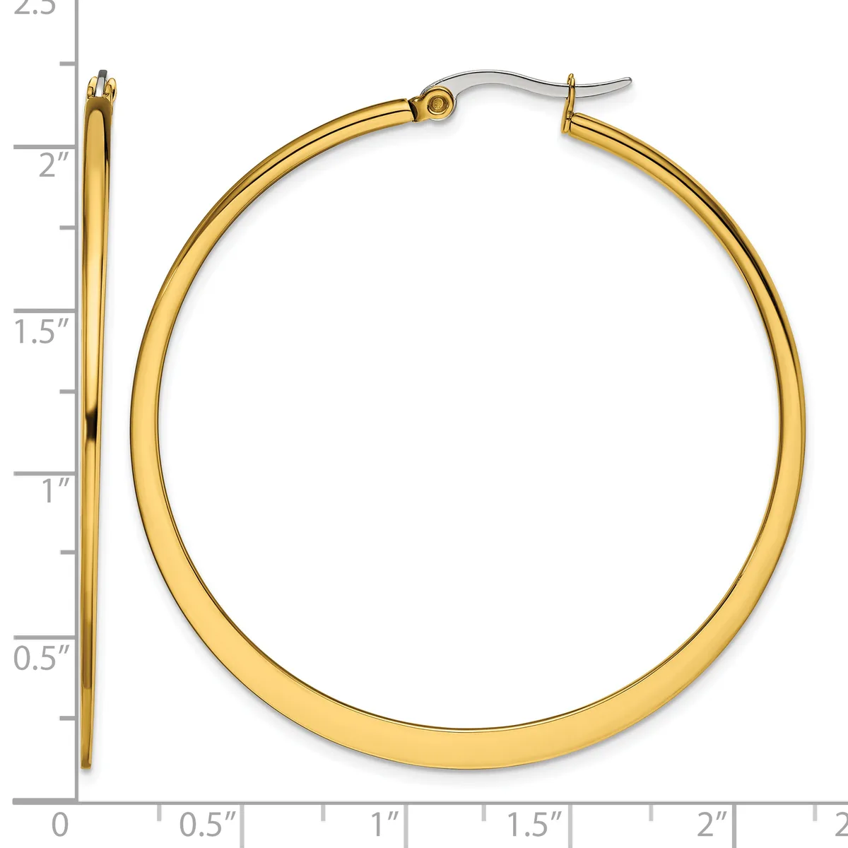 Gold-toned hoop earrings with a polished finish displayed next to a ruler showing they measure approximately 2 inches in diameter.