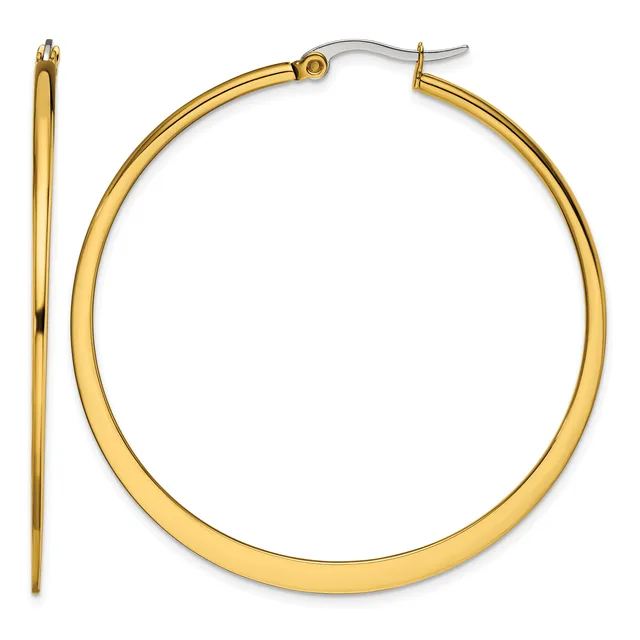 A pair of polished gold-tone hoop earrings displayed against a white background, shown from the front and side view.