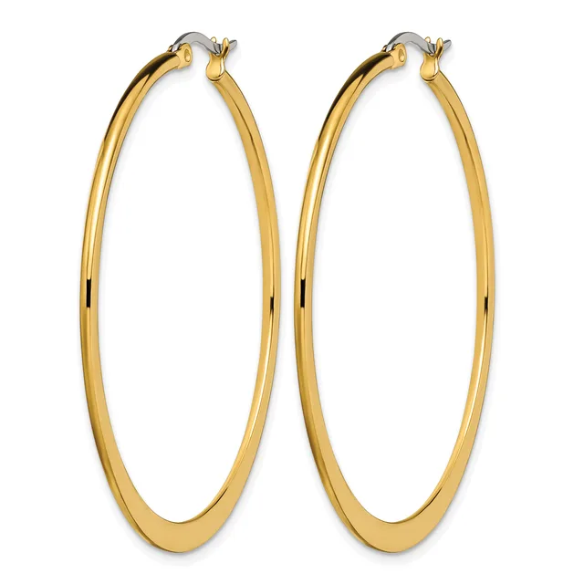 A pair of polished gold-toned oval hoop earrings with a smooth, curved profile and small post-and-clutch closures at the top.