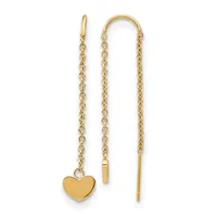 Pair of gold threader earrings with delicate chain strands, one featuring a small polished heart pendant.