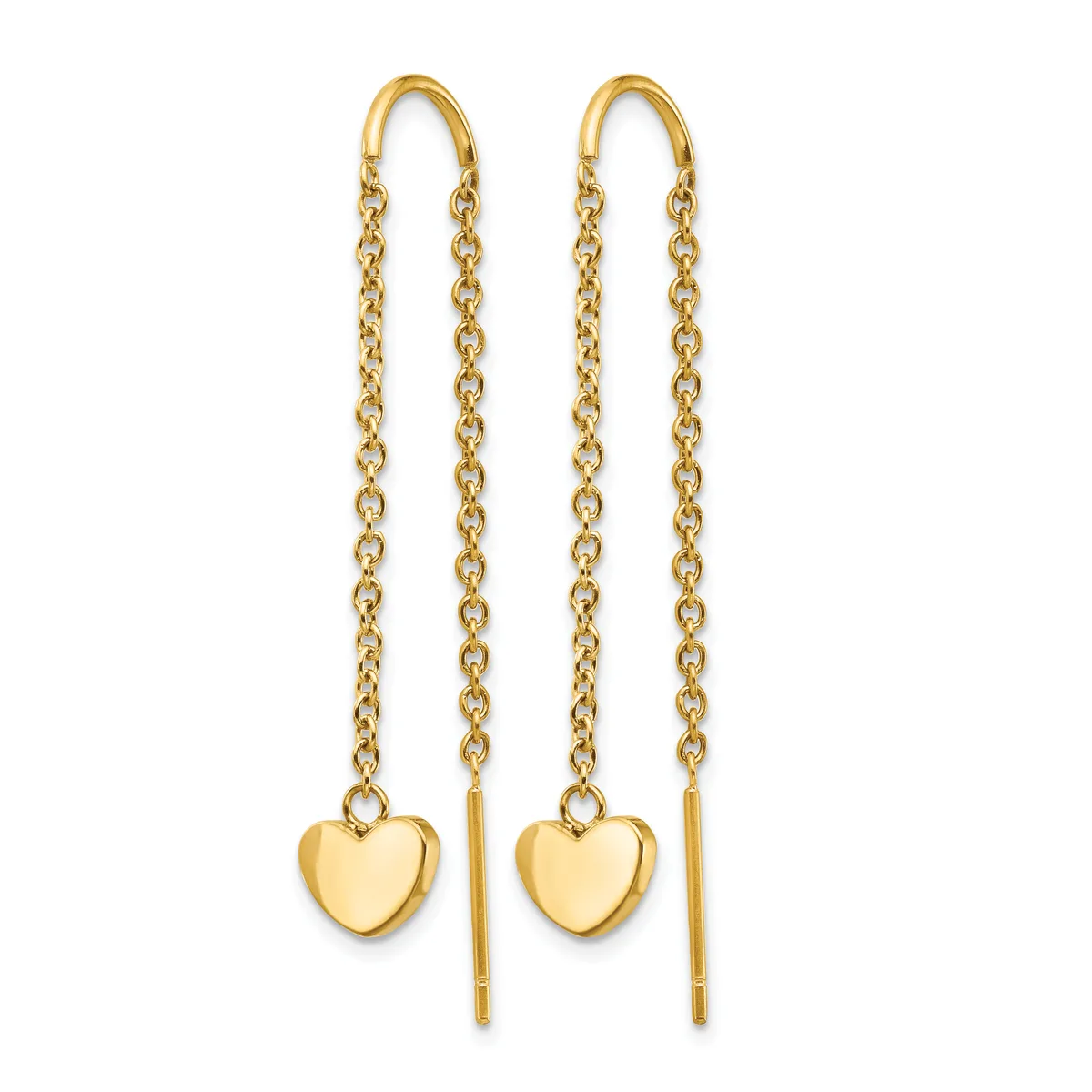 Pair of gold threader earrings with small polished heart charms hanging from delicate chain links.