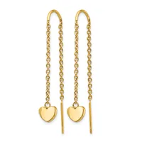 Pair of gold threader earrings with small polished heart charms hanging from delicate chain links.