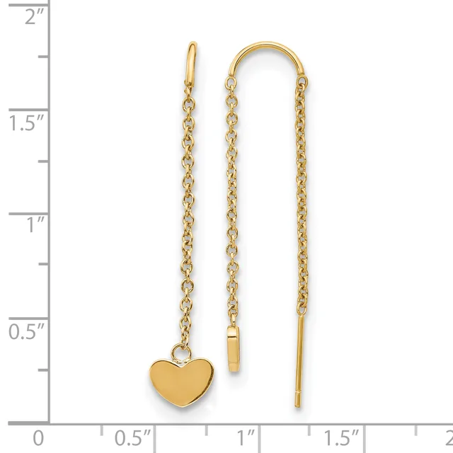 Two gold-colored threader earrings with delicate chain links, one featuring a small heart charm, displayed against a ruler showing measurements up to 2 inches.