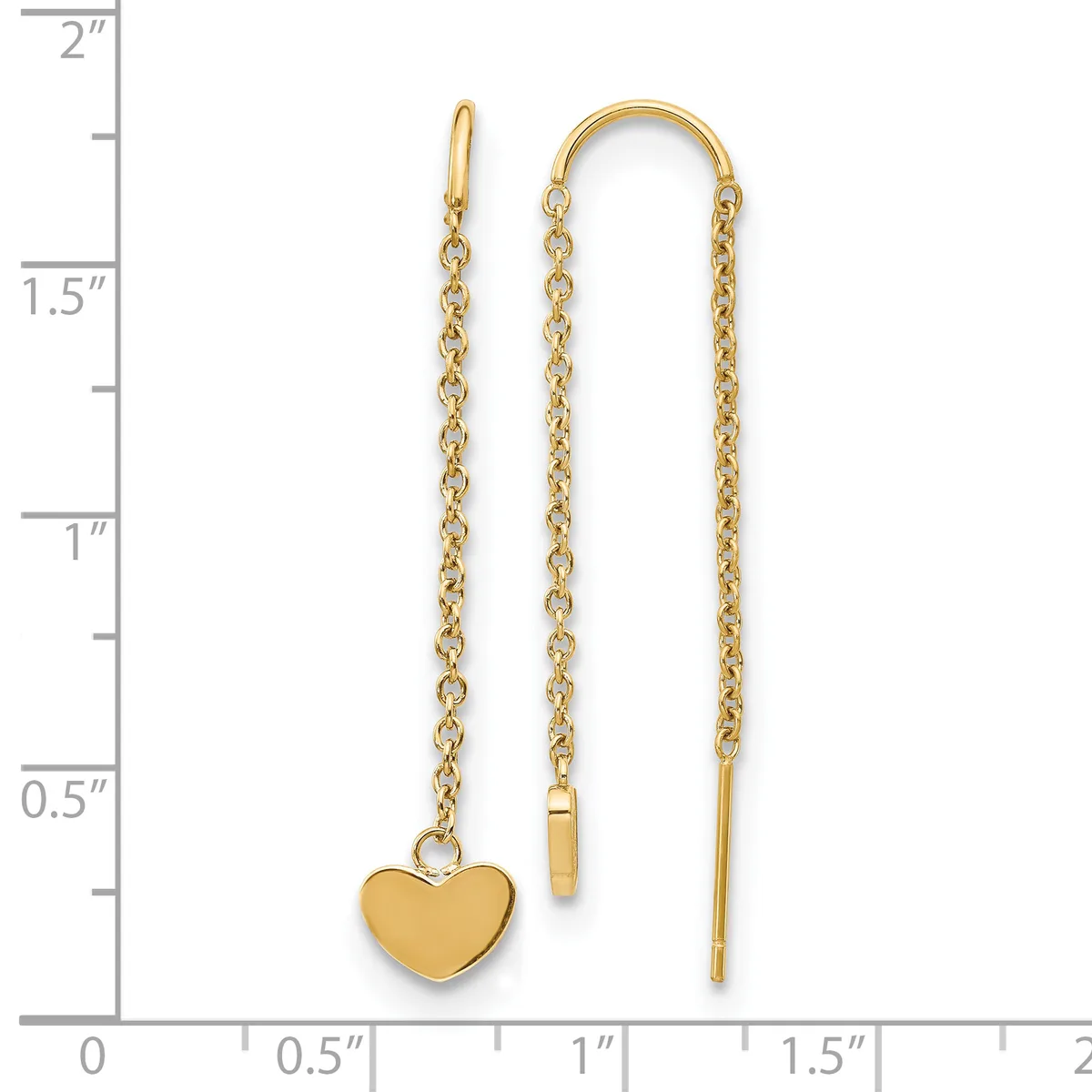 Two gold-colored threader earrings with delicate chain links, one featuring a small heart charm, displayed against a ruler showing measurements up to 2 inches.