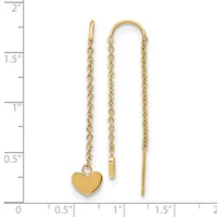 Two gold-colored threader earrings with delicate chain links, one featuring a small heart charm, displayed against a ruler showing measurements up to 2 inches.