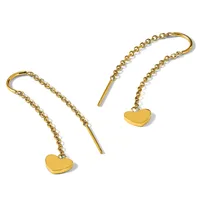 Pair of gold-toned threader earrings with delicate chain links and small heart-shaped charms hanging from curved ear wires.