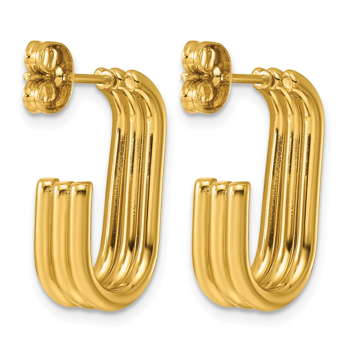 Pair of gold-toned textured hollow hoop earrings with ridged surfaces and post-back closures, displayed against a white background.