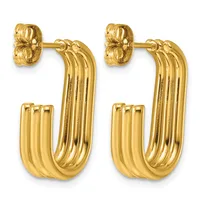 Pair of gold-toned textured hollow hoop earrings with ridged surfaces and post-back closures, displayed against a white background.