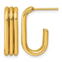 Pair of gold-toned tubular hoop earrings with posts and backs, shown from front and side angles.