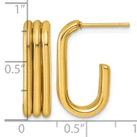 A pair of gold hoop earrings with measurement scale showing approximately one inch in length and half inch in width.
