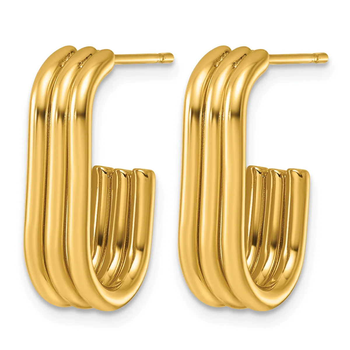 Pair of gold-colored triple-band hoop earrings with posts and backs, shown from the front against a white background.