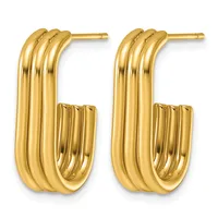 Pair of gold-colored triple-band hoop earrings with posts and backs, shown from the front against a white background.