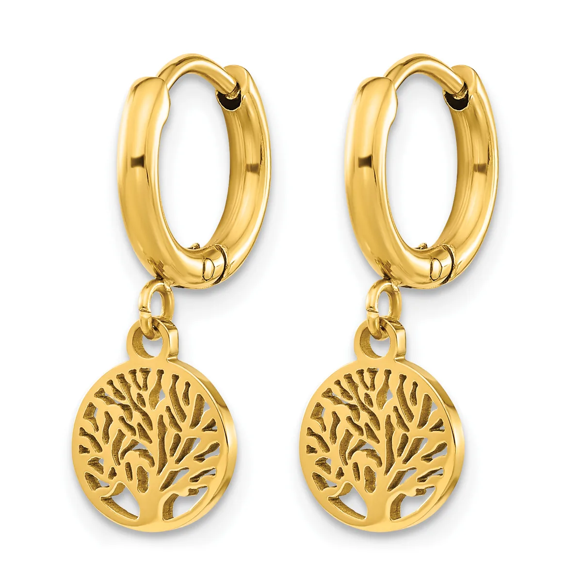 A pair of gold hoop earrings with dangling circular tree-of-life pendants featuring openwork branch designs.