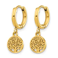 A pair of gold hoop earrings with dangling circular tree-of-life pendants featuring openwork branch designs.