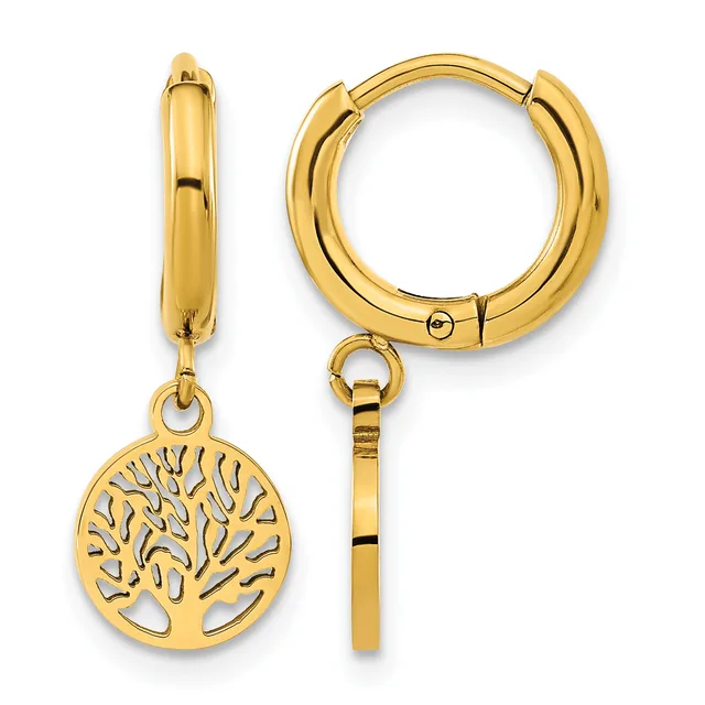 Pair of gold-colored hoop earrings with detachable tree of life charms, shown from front and side views.