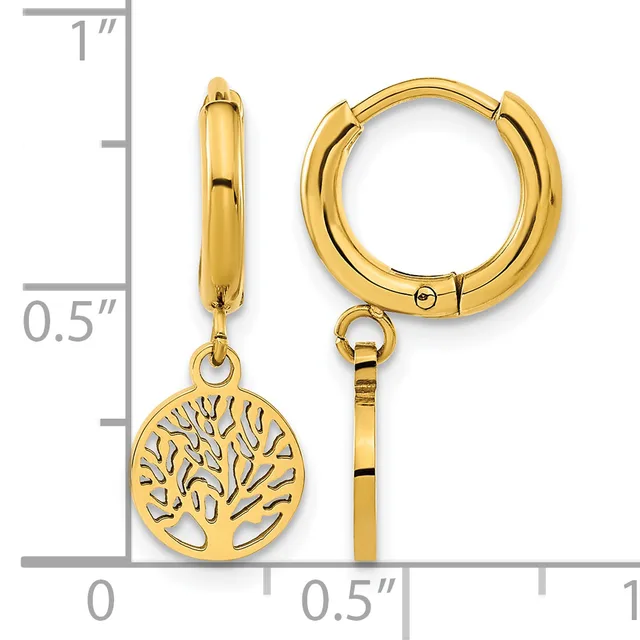 Gold-toned hoop earrings with tree of life charms hanging from the bottom, displayed against a measurement ruler showing approximately one inch in length.