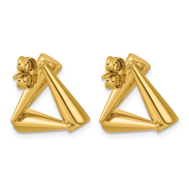 A pair of polished gold triangular earrings with studs and backs, featuring layered geometric design elements.
