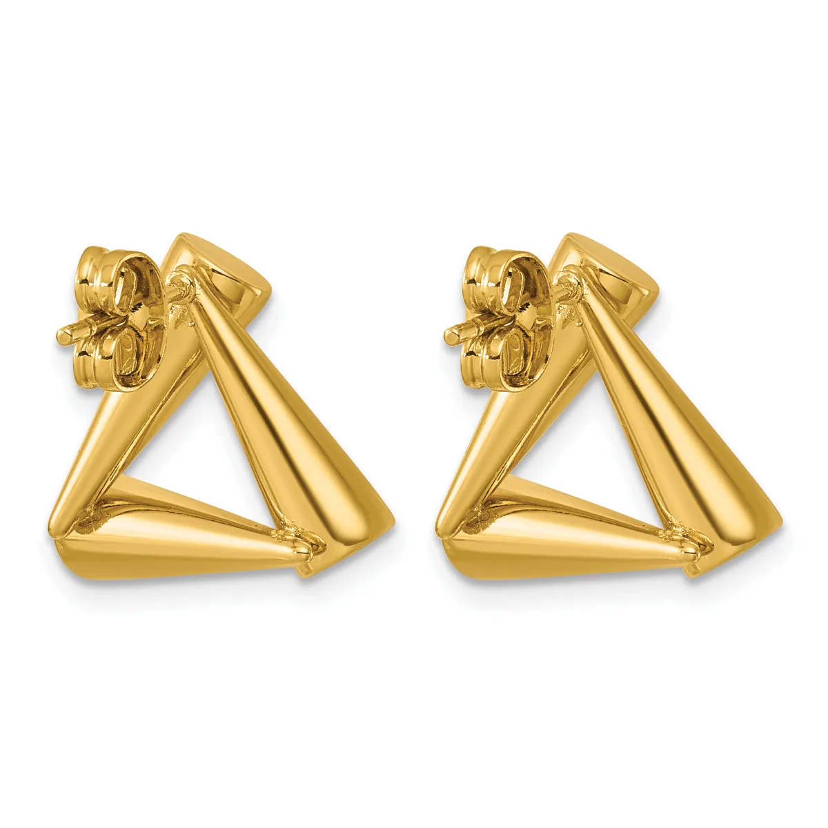 A pair of polished gold triangular earrings with studs and backs, featuring layered geometric design elements.