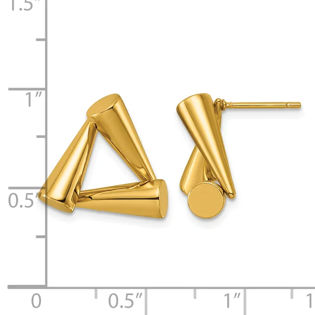 Pair of gold-toned triangle and curved tubular earrings with stud posts, shown next to a measurement ruler.
