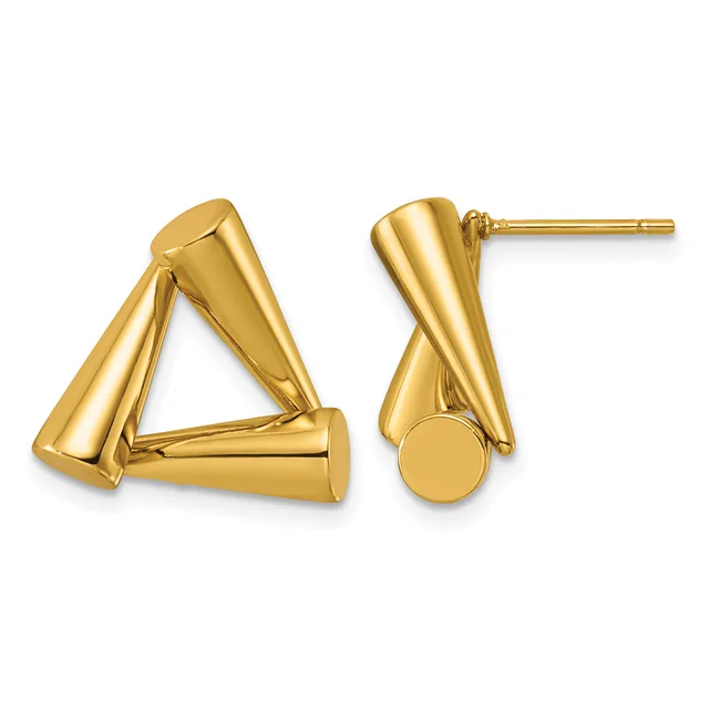 A pair of polished gold triangle stud earrings with cylindrical elements, shown from front and side views.