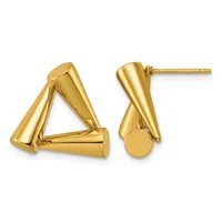 A pair of polished gold triangle stud earrings with cylindrical elements, shown from front and side views.