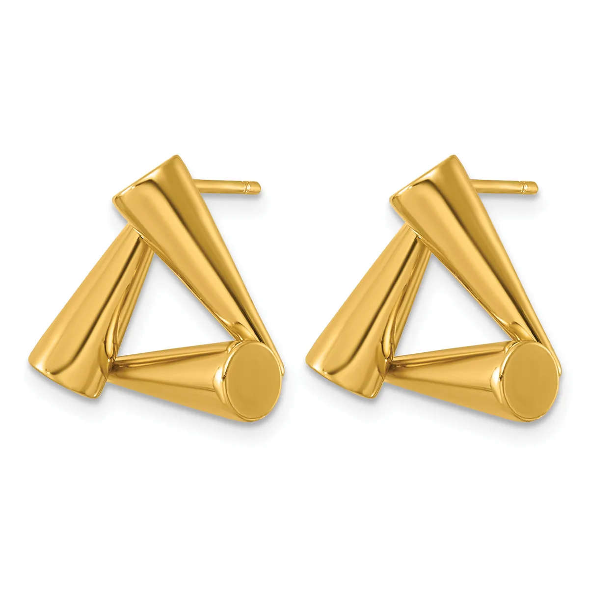 A pair of gold triangular earrings with draped ribboned sides and small circular disc bases, shown from the front against a white background.