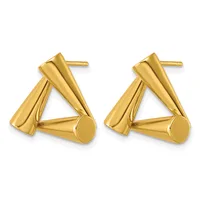 A pair of gold triangular earrings with draped ribboned sides and small circular disc bases, shown from the front against a white background.