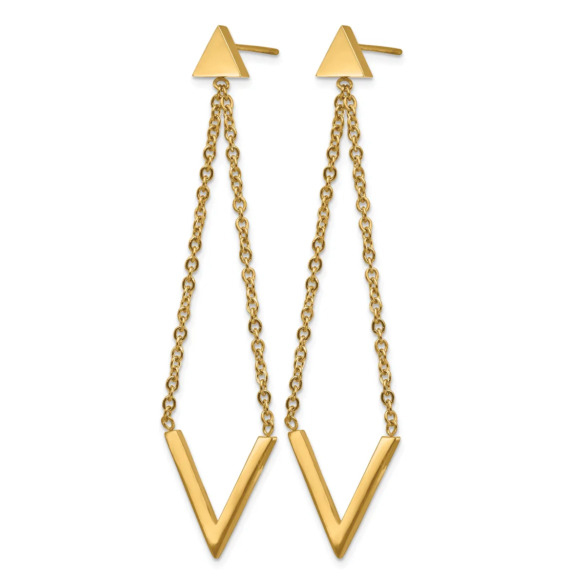 Pair of gold-tone triangular stud earrings with dual chain strands suspending V-shaped pendants.