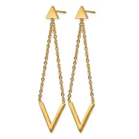 Pair of gold-tone triangular stud earrings with dual chain strands suspending V-shaped pendants.